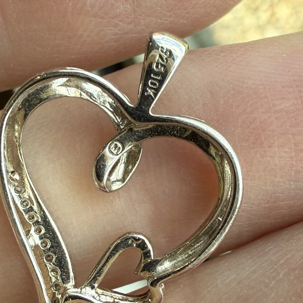 925 Sterling Silver / 10K Gold Real Diamond Double Heart Charm Pendant - Picture 3 of 12